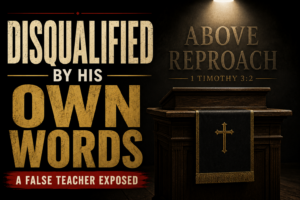 Dark charcoal and muted gold thumbnail featuring an empty wooden pulpit beneath the words “Above Reproach,” with the headline “Disqualified by His Own Words.