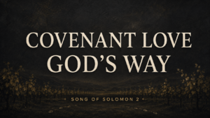 Dark charcoal vineyard scene with muted-gold foliage and fox tracks beneath warm-cream text reading “Covenant Love, God’s Way” and “Song of Solomon 2.