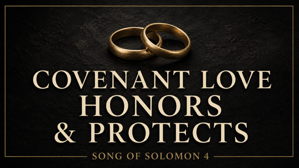 Song of Solomon 4: Covenant Love Honors and Protects 1 Two interlocking gold wedding bands above the words “Covenant Love Honors & Protects,” with “Song of Solomon 4” on a dark charcoal background.