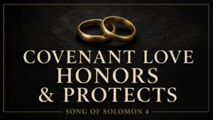Two interlocking gold wedding bands above the words “Covenant Love Honors & Protects,” with “Song of Solomon 4” on a dark charcoal background.