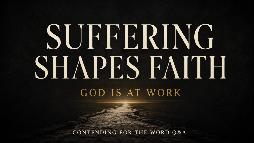 How God Uses Suffering to Shape Faith 1 Dark charcoal thumbnail with cream text reading “Suffering Shapes Faith” above muted-gold text “God Is at Work,” with a dim pathway leading toward warm light.