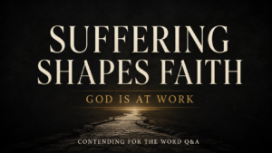 Dark charcoal thumbnail with cream text reading “Suffering Shapes Faith” above muted-gold text “God Is at Work,” with a dim pathway leading toward warm light.