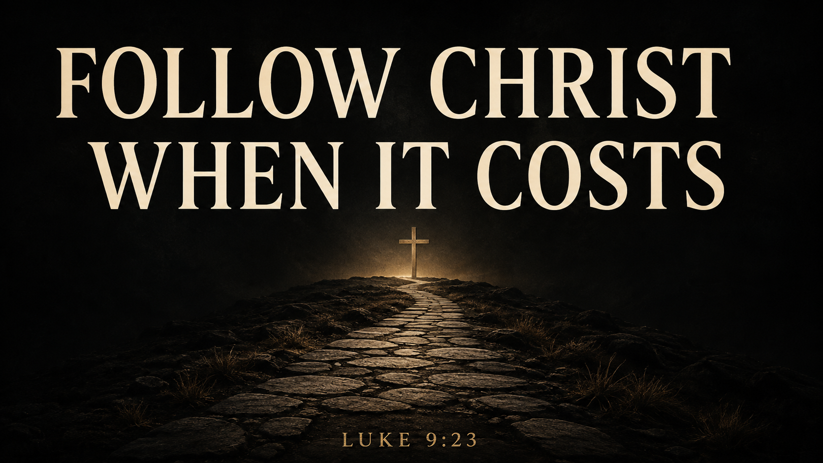 Stone path leading to a cross under the words “Follow Christ When It Costs,” with Luke 9:23.