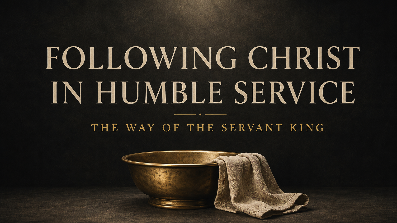Antique brass wash basin and folded linen towel beneath the words “Following Christ in Humble Service: The Way of the Servant King” on a deep charcoal background.