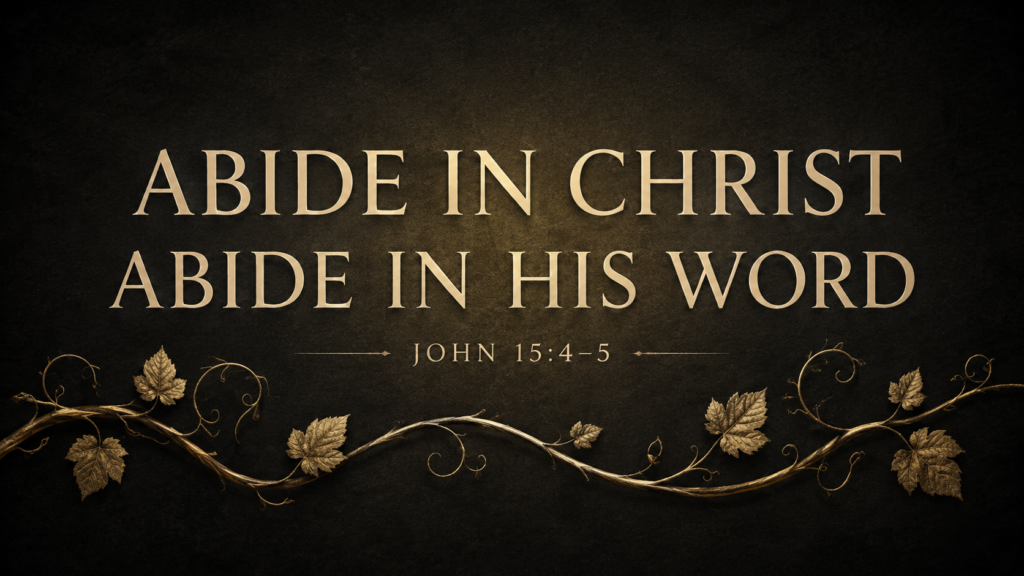Muted-gold vine on a deep charcoal background with the words “Abide in Christ, Abide in His Word” and John 15:4–5.