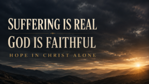 Storm clouds over dark mountain ridges as dawn breaks, with the words “Suffering Is Real, God Is Faithful, Hope in Christ Alone.