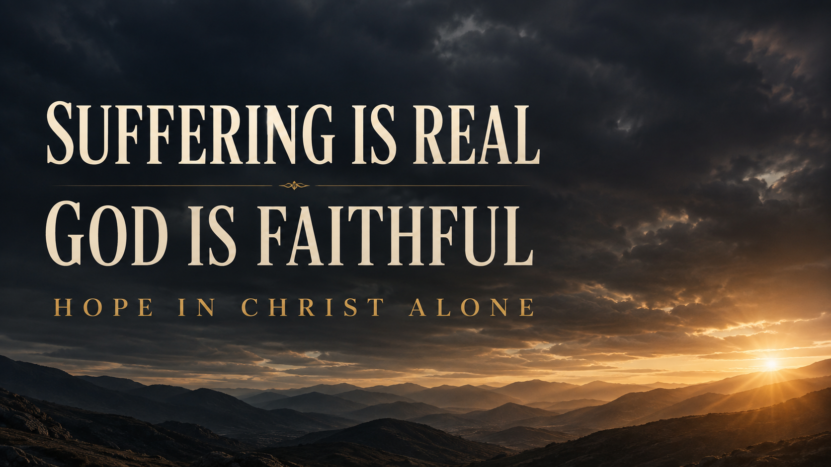 Storm clouds over dark mountain ridges as dawn breaks, with the words “Suffering Is Real, God Is Faithful, Hope in Christ Alone.