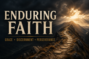 Enduring Faith in large cream serif text over a rugged mountain path illuminated by golden light, with the subtitle Grace, Discernment, Perseverance.