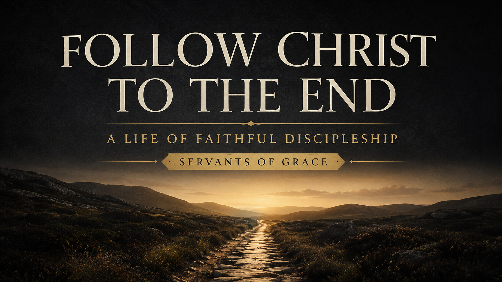 A weathered path leads through shadowed hills toward a muted-gold sunrise beneath the words “Follow Christ to the End: A Life of Faithful Discipleship.