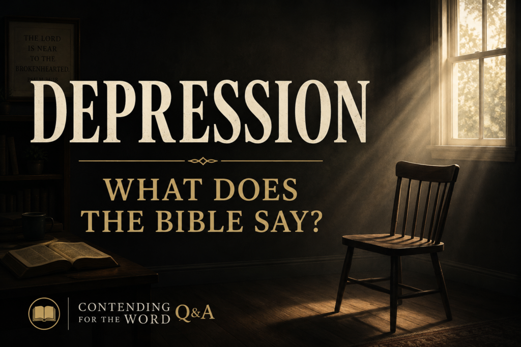 Depression represented by an empty wooden chair in a dark room illuminated by warm window light.