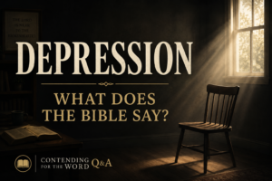 Depression represented by an empty wooden chair in a dark room illuminated by warm window light.