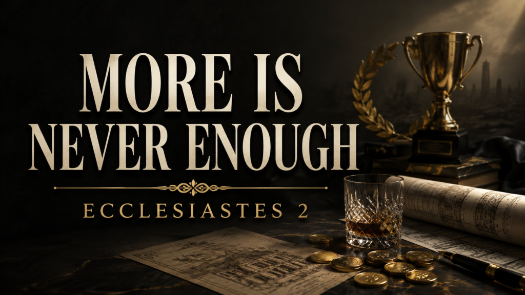 Ecclesiastes 2: Why Pleasure and Success Cannot Satisfy 1 Dark Ecclesiastes 2 thumbnail featuring a trophy, laurel wreath, coins, architectural plans, and a glass fading into shadow, with the text “More Is Never Enough” and “Ecclesiastes 2.