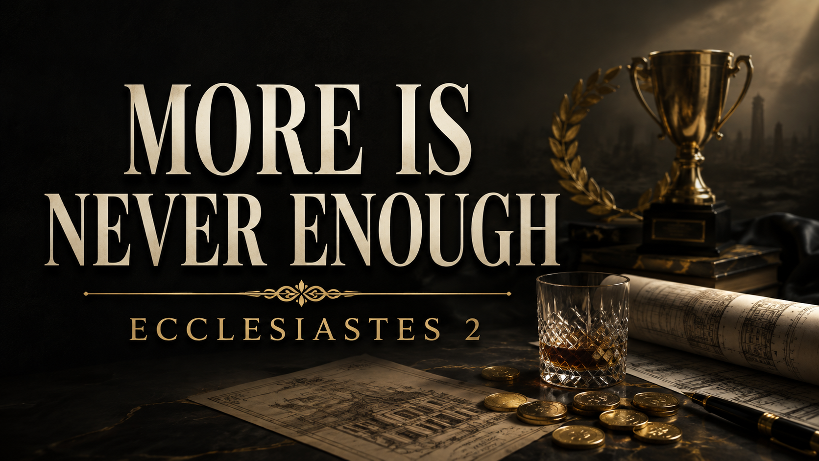 Dark Ecclesiastes 2 thumbnail featuring a trophy, laurel wreath, coins, architectural plans, and a glass fading into shadow, with the text “More Is Never Enough” and “Ecclesiastes 2.