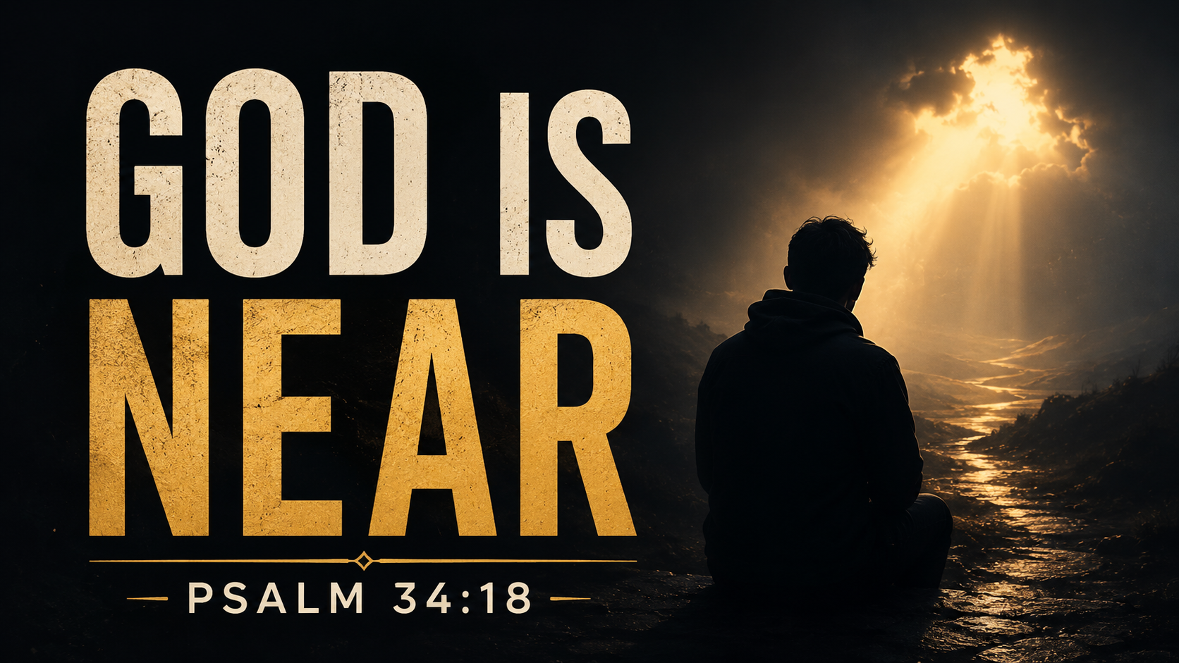 Dark Christian thumbnail showing a solitary person sitting in shadow while warm golden light breaks through the clouds, with the words “GOD IS NEAR” and “PSALM 34:18.