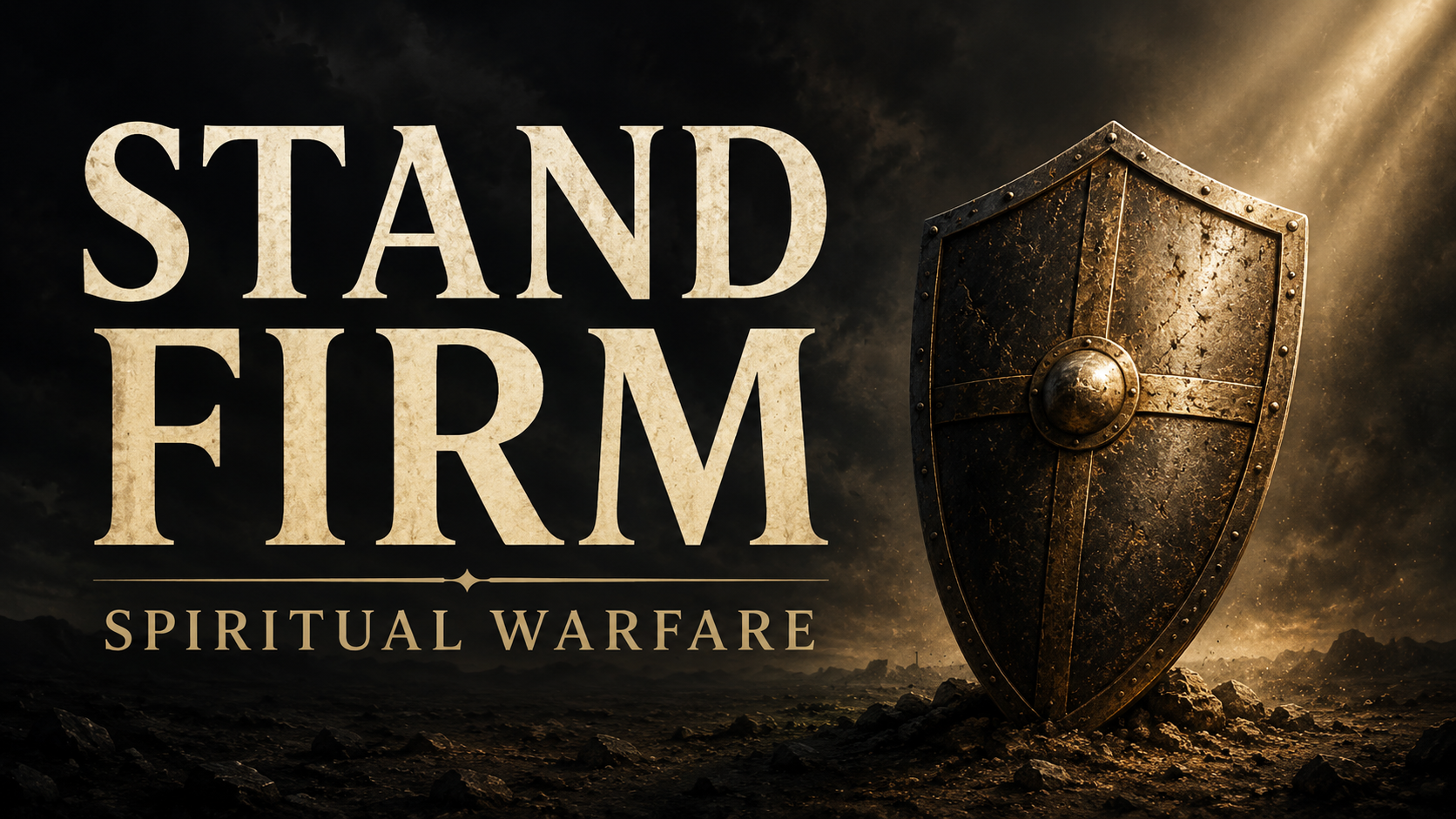 Dark cinematic spiritual warfare graphic featuring a weathered shield standing firm on a rocky battlefield beneath a beam of golden light, with the words “Stand Firm” and “Spiritual Warfare.