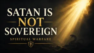 YouTube thumbnail featuring the words “Satan Is Not Sovereign” over a dark background, with golden light breaking through the darkness and a shadowy serpent below, emphasizing the biblical truth that Satan is real but limited under God’s sovereign rule.