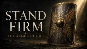 Weathered Roman shield illuminated by a golden beam of light against a dark, smoky battlefield background with the words “Stand Firm” and “The Armor of God.”