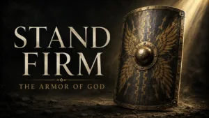 Weathered Roman shield illuminated by a golden beam of light against a dark, smoky battlefield background with the words “Stand Firm” and “The Armor of God.”