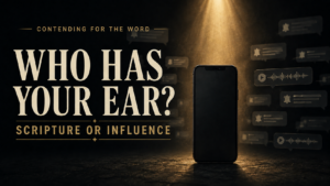 Dark Contending for the Word thumbnail featuring a smartphone surrounded by blurred notification and audio-message icons beneath a golden beam of light, with the text “Who Has Your Ear?” and “Scripture or Influence.