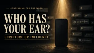 Dark Contending for the Word thumbnail featuring a smartphone surrounded by blurred notification and audio-message icons beneath a golden beam of light, with the text “Who Has Your Ear?” and “Scripture or Influence.