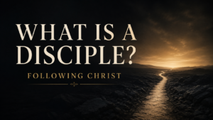 Dark rocky path winding toward a warm golden horizon with the words “What Is a Disciple?” and “Following Christ.