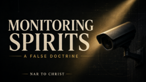 Monitoring Spirits: A False Doctrine thumbnail featuring a surveillance camera in shadow, muted gold light, and bold cream text with NAR to Christ branding.