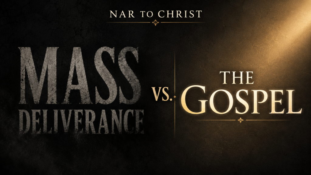 Dark charcoal NAR to Christ thumbnail contrasting distressed “Mass Deliverance” text in shadow with illuminated cream-and-gold “The Gospel” text, emphasizing biblical truth over modern deliverance teaching.