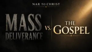 Dark charcoal NAR to Christ thumbnail contrasting distressed “Mass Deliverance” text in shadow with illuminated cream-and-gold “The Gospel” text, emphasizing biblical truth over modern deliverance teaching.