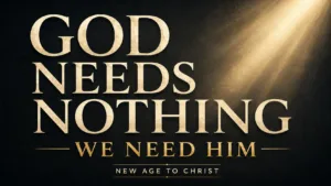 God Needs Nothing, We Need Him, New Age to Christ thumbnail with cream and gold text on a dark charcoal background with warm light.