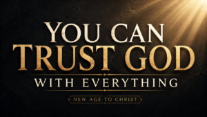 YouTube thumbnail with a dark charcoal textured background and warm golden light, featuring the words “YOU CAN TRUST GOD” in large cream and gold lettering, “WITH EVERYTHING” below, and “NEW AGE TO CHRIST” at the bottom.