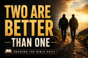 Two men walking side by side along a mountain path toward warm sunlight, with bold text reading “Two Are Better Than One” and “Reading the Bible Daily” on a dark charcoal background.