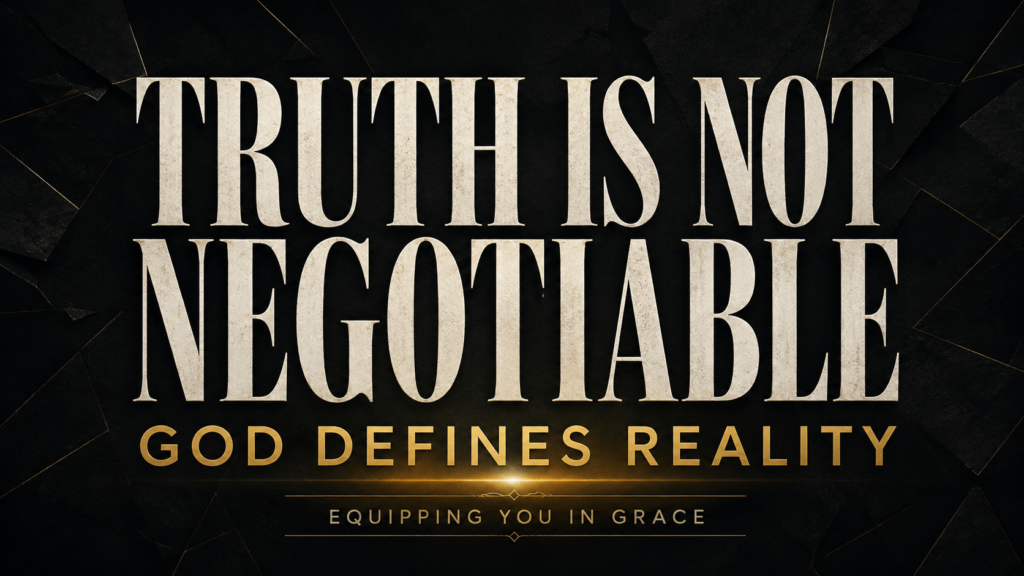 When Truth Becomes Negotiable: Biblical Discernment in a Culture of Confusion 1 Thumbnail reading “Truth Is Not Negotiable” and “God Defines Reality” in cream and gold lettering against a fractured deep-charcoal background.