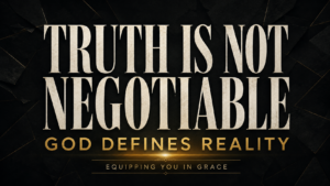 Thumbnail reading “Truth Is Not Negotiable” and “God Defines Reality” in cream and gold lettering against a fractured deep-charcoal background.