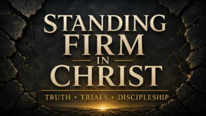 Standing Firm in Christ: Truth, Trials, and Discipleship in cream and gold text over a dark cracked-stone background with warm golden light.