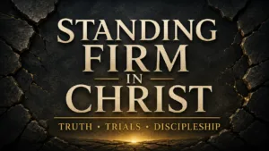 Standing Firm in Christ: Truth, Trials, and Discipleship in cream and gold text over a dark cracked-stone background with warm golden light.