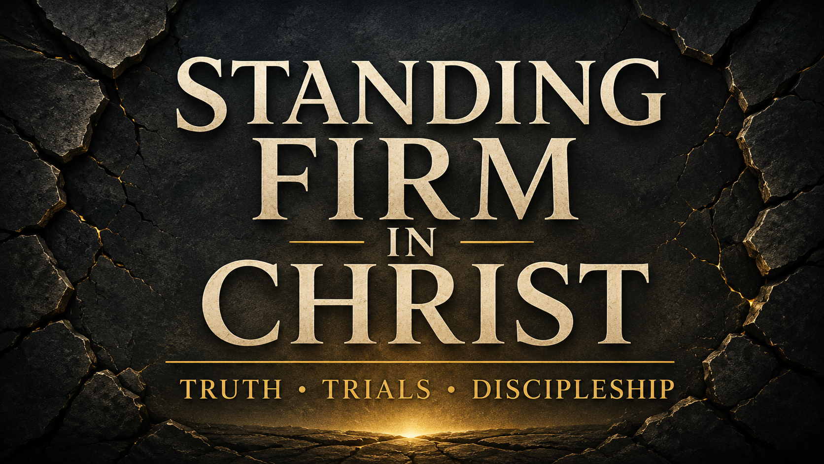 Standing Firm in Christ: Truth, Trials, and Discipleship in cream and gold text over a dark cracked-stone background with warm golden light.