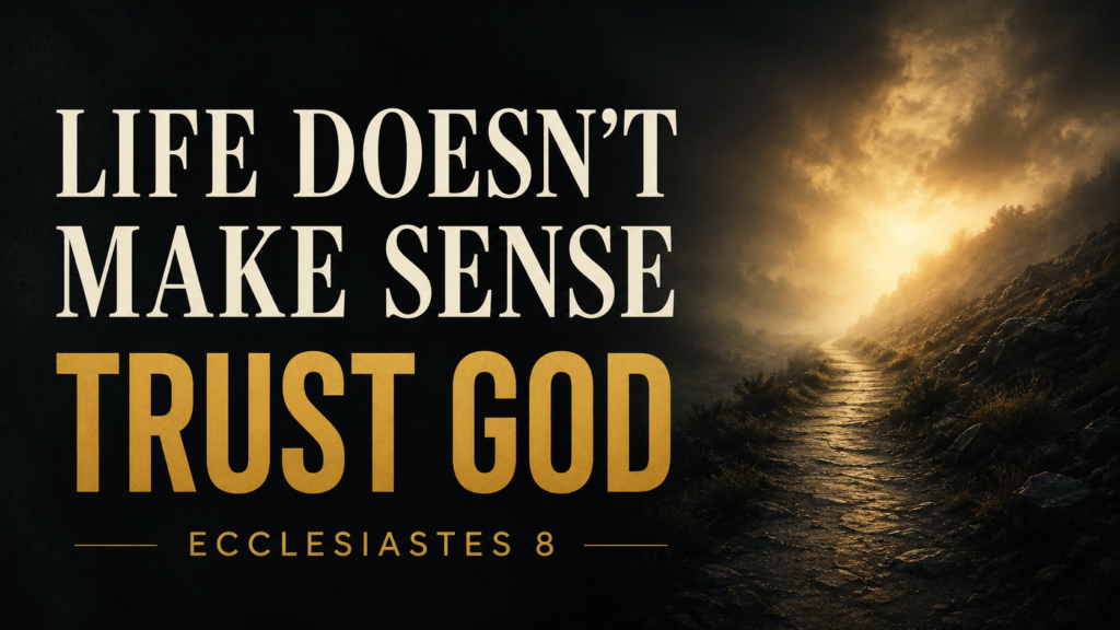 Dark misty path illuminated by golden light with the words “Life Doesn’t Make Sense, Trust God, Ecclesiastes 8.”