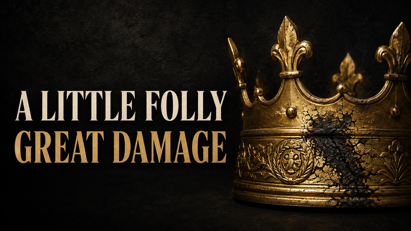 Gold crown marred by a spreading dark blemish beside the words “A Little Folly, Great Damage” on a deep charcoal background.