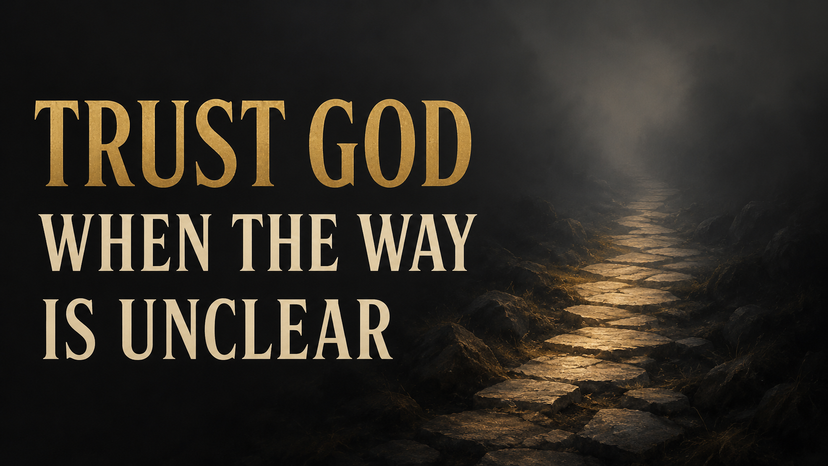 Stone path illuminated through dark mist with the words “Trust God When the Way Is Unclear.
