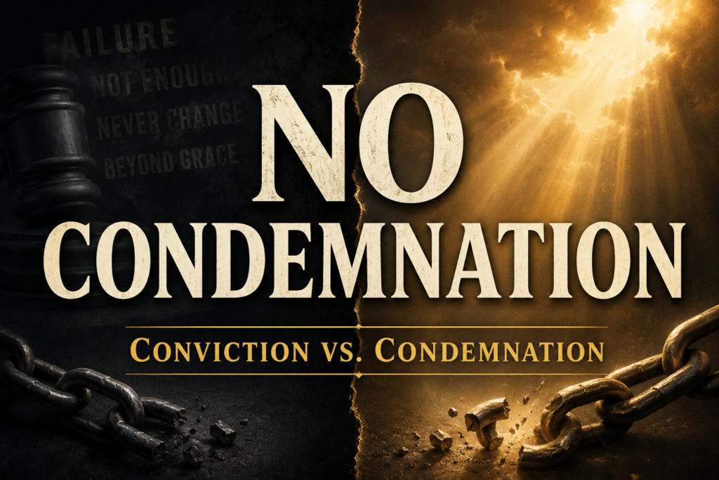 Dramatic split-design thumbnail with a dark courtroom gavel and condemning phrases on the left, radiant golden light and broken chains on the right, and bold cream text reading “NO CONDEMNATION” with “Conviction vs. Condemnation” below.