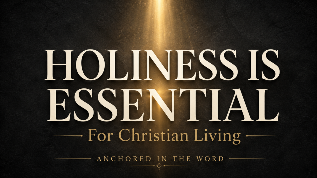 Holiness Is Essential for Christian Living 1 Cream serif text reading “Holiness Is Essential” over a textured charcoal background with a golden beam of light, the subtitle “For Christian Living,” and Anchored in the Word branding.