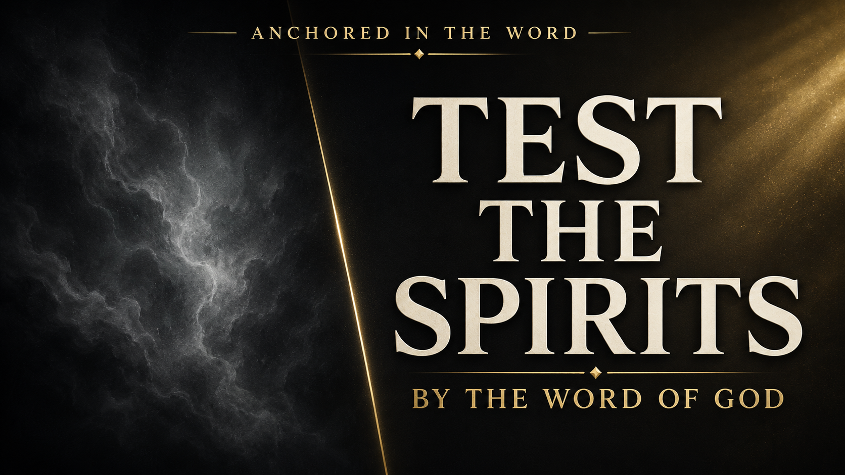 Anchored in the Word thumbnail with the text “Test the Spirits by the Word of God” over a charcoal background divided between smoky confusion and golden clarity.