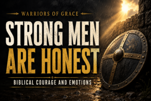 Warriors of Grace thumbnail featuring the words “Strong Men Are Honest” beside a rugged shield in the rain, illuminated by warm golden light.