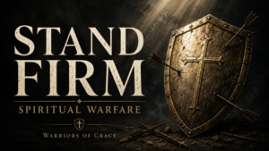Weathered bronze shield struck by arrows beside the words “Stand Firm: Spiritual Warfare” on a dark, smoky background for Warriors of Grace.
