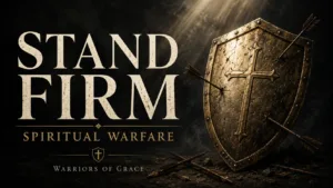 Weathered bronze shield struck by arrows beside the words “Stand Firm: Spiritual Warfare” on a dark, smoky background for Warriors of Grace.