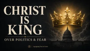 Christian thumbnail featuring the words “Christ Is King Over Politics & Fear,” with a glowing gold crown above a dark capitol building against a stormy charcoal background.