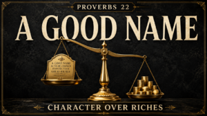 A gold balance scale weighs an engraved Proverbs 22:1 nameplate against a pile of coins beneath the words “A Good Name” and “Character Over Riches.