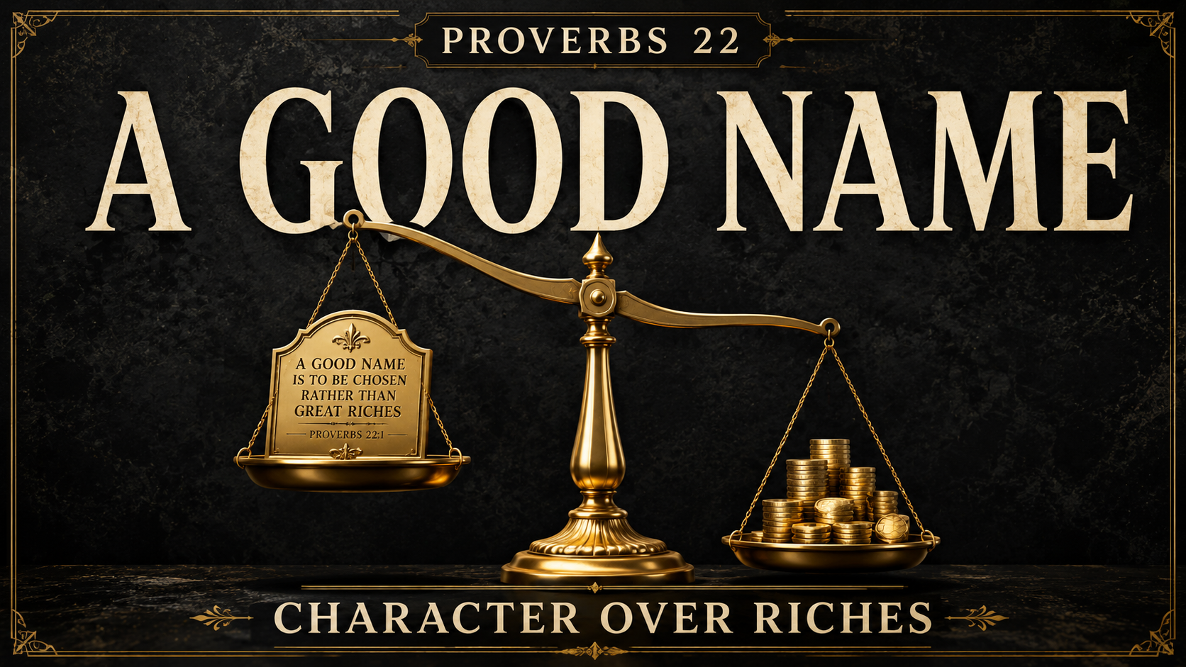 A gold balance scale weighs an engraved Proverbs 22:1 nameplate against a pile of coins beneath the words “A Good Name” and “Character Over Riches.