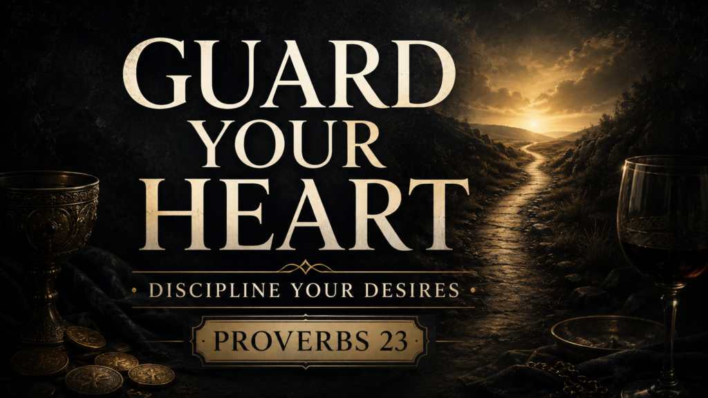 Dark charcoal and muted-gold Proverbs 23 thumbnail featuring a narrow path toward golden light, scattered coins and wine imagery, with the text “Guard Your Heart: Discipline Your Desires.