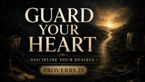 Dark charcoal and muted-gold Proverbs 23 thumbnail featuring a narrow path toward golden light, scattered coins and wine imagery, with the text “Guard Your Heart: Discipline Your Desires.
